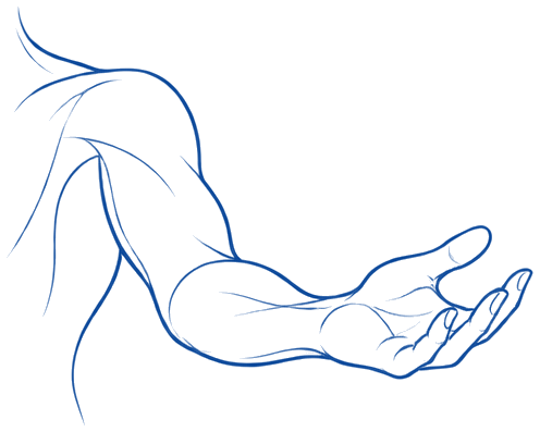 Ilustración azul de línea de un brazo con el codo flexionado y la mano abierta, rehabilitación del codo