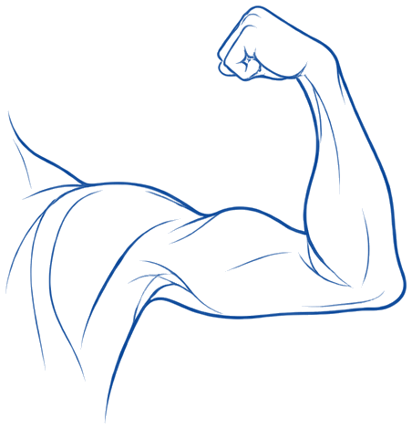 Ilustración azul de línea de un brazo flexionado con el hombro, fuerza en la terapia de hombro
