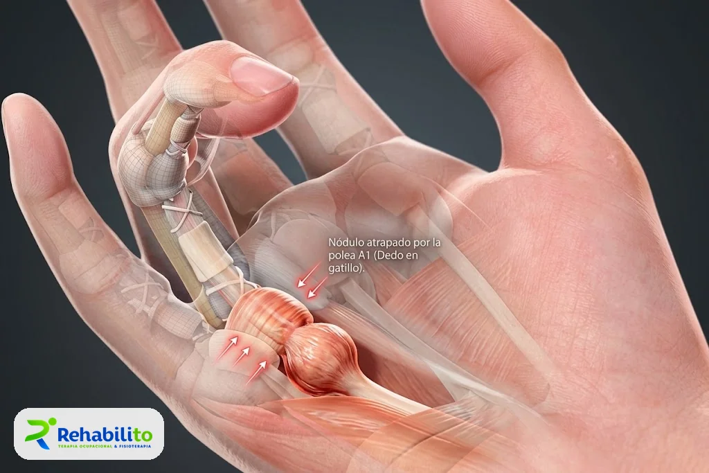 Ilustración del dedo en gatillo: el nódulo del tendón flexor queda atrapado en la polea A1 en la base del dedo. RehabiliTO, CDMX