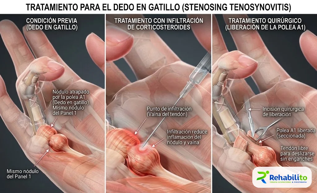 Ilustración de tres etapas de esta lesión del tendón flexor: condición previa, infiltración de corticoesteroide y liberación quirúrgica de la polea A1. RehabiliTO, CDMX