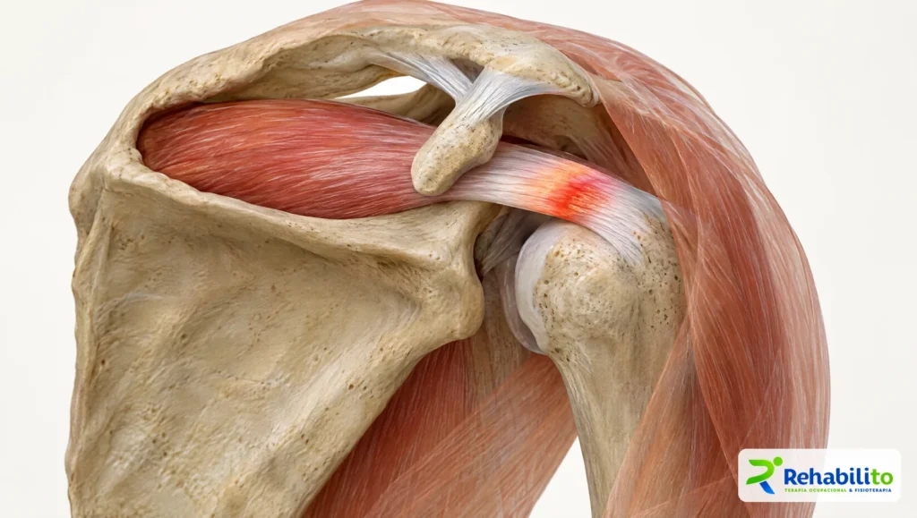 Ilustración anatómica del hombro con el tendón del supraespinoso bajo el acromion y su zona crítica inflamada