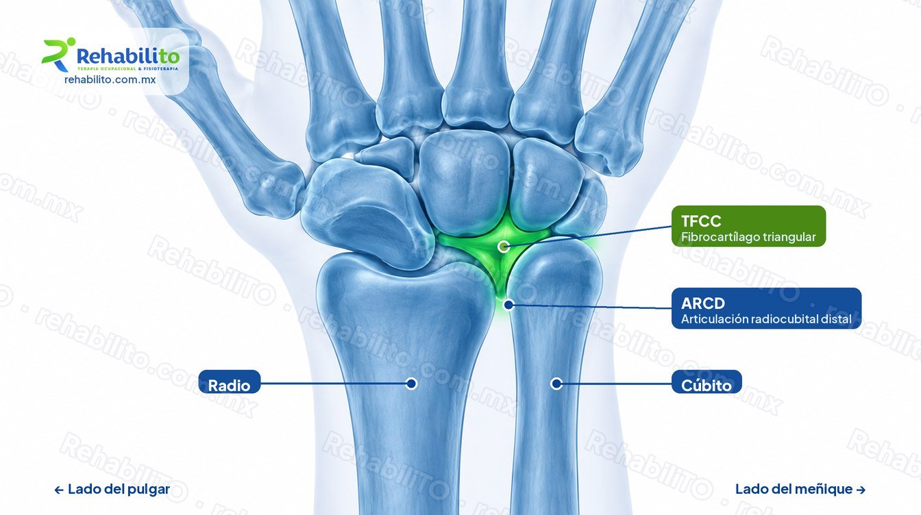 Ilustración de los huesos de la muñeca con el fibrocartílago triangular (TFCC) resaltado en verde entre el cúbito y el carpo, radio y articulación radiocubital distal señalados, RehabiliTO
