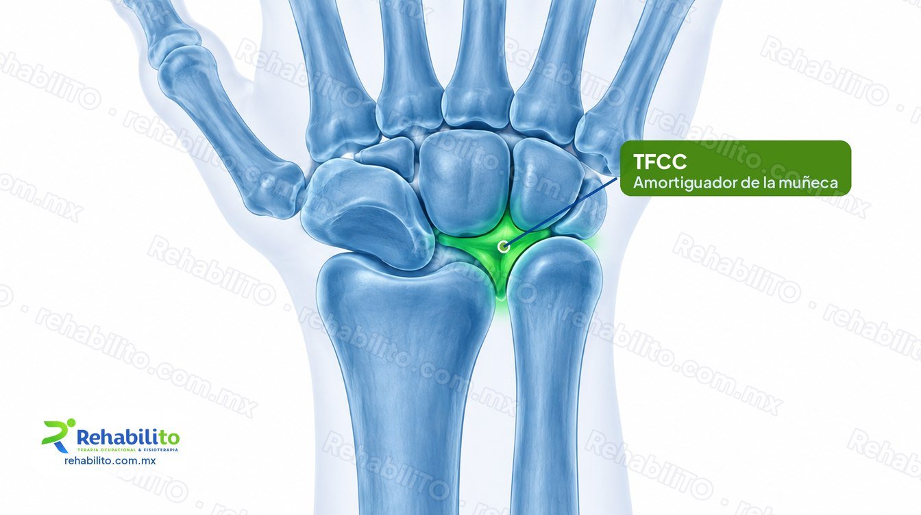 Ilustración de una lesión del TFCC: muñeca con el complejo del fibrocartílago triangular resaltado en verde del lado del meñique, RehabiliTO