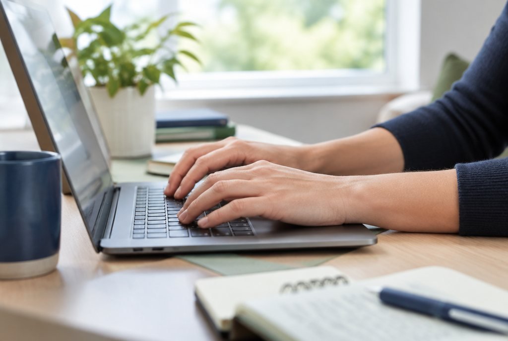 Manos escribiendo en computadora con muñecas en posición neutra y antebrazos apoyados