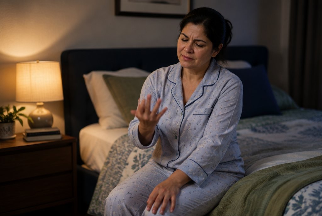 Persona sentada en la cama por la noche sacudiendo la mano por hormigueo, signo de Flick del síndrome del túnel del carpo